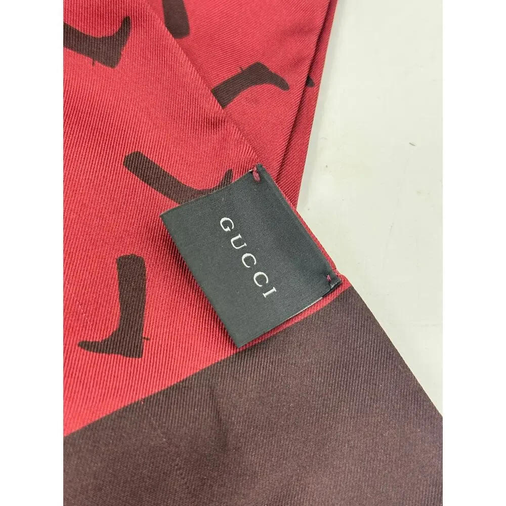 GUCCI Silk Cowboy Print Fringe Scarf Ascot Twilly Maroon Red 53